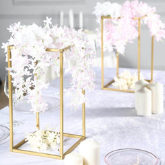 2-Pack Wedding Flower Stand Gold Metal Geometric Column Frame Rectangular - Versatile Floral Pedestal for Sophisticated Arrangements 16"