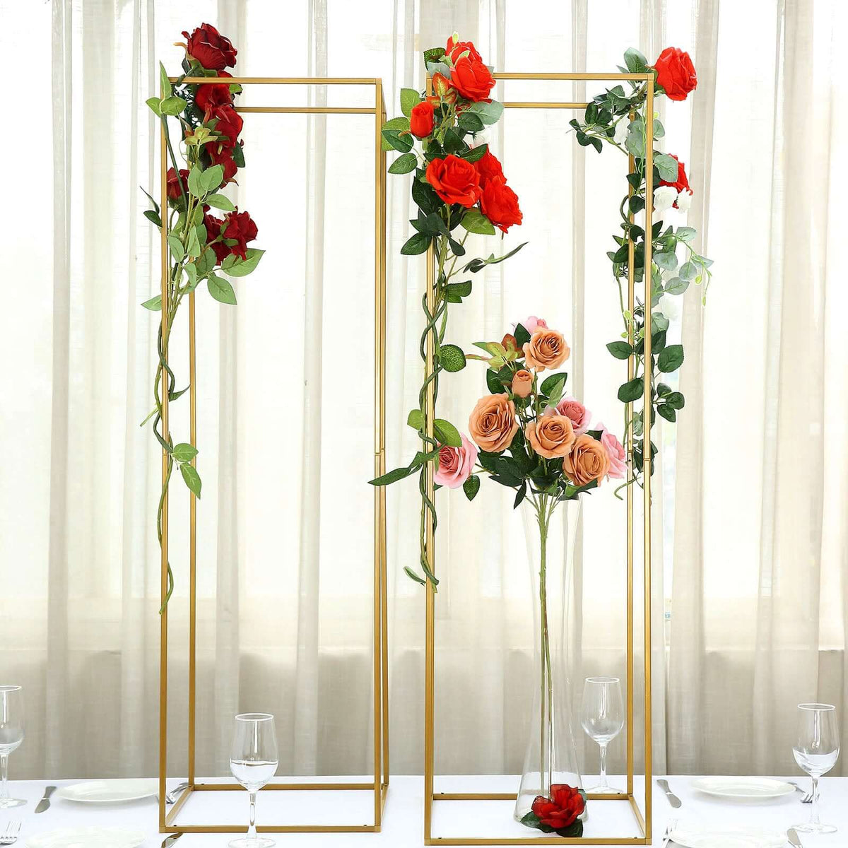 2-Pack Wedding Flower Stand Gold Metal Geometric Column Frame Rectangular - Versatile Floral Pedestal for Upscale Arrangements 48"