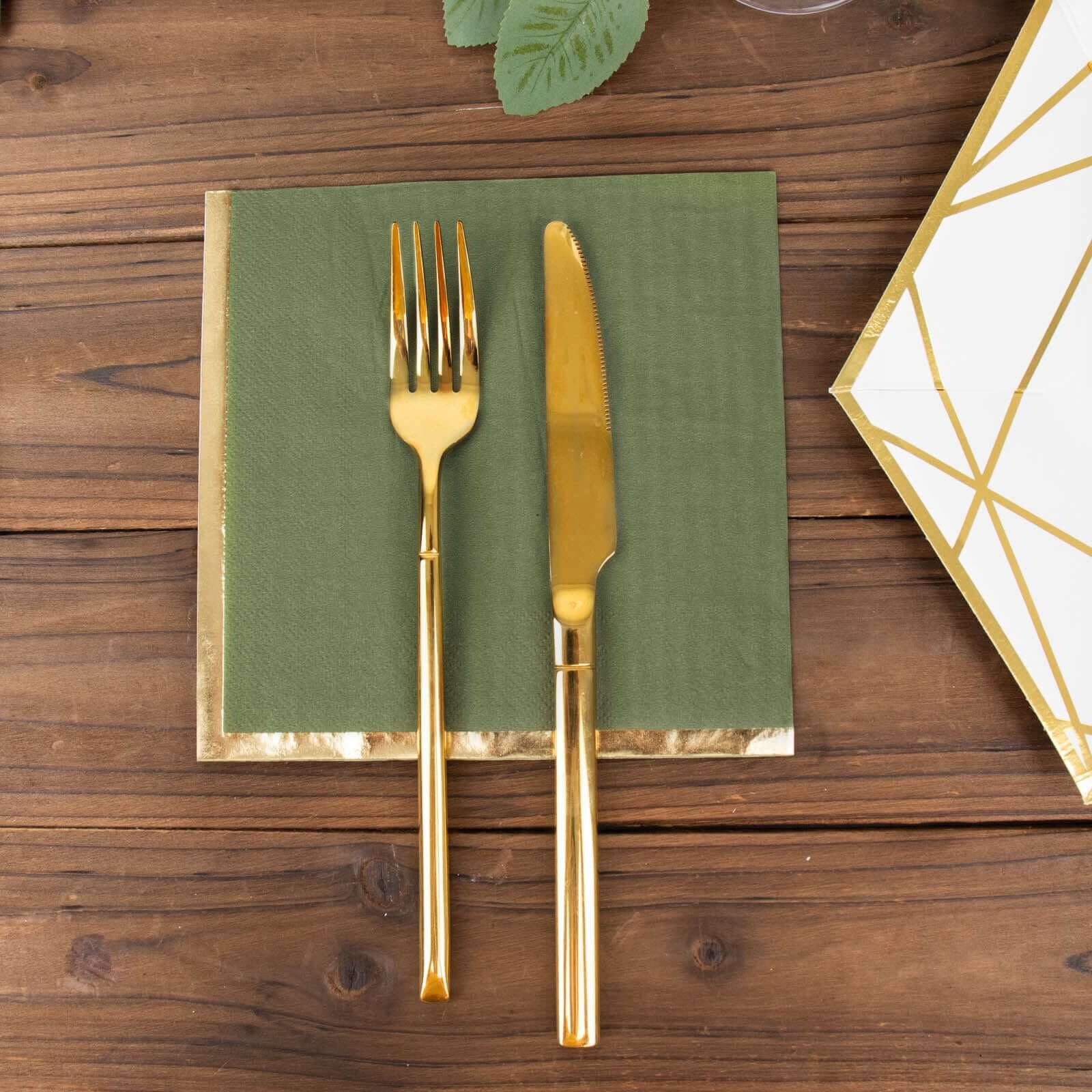 50-Pack Paper Beverage Napkins with Gold Foil Olive Green - Disposable 2 Ply Cocktail Napkins for Events 6.5"x6.5"