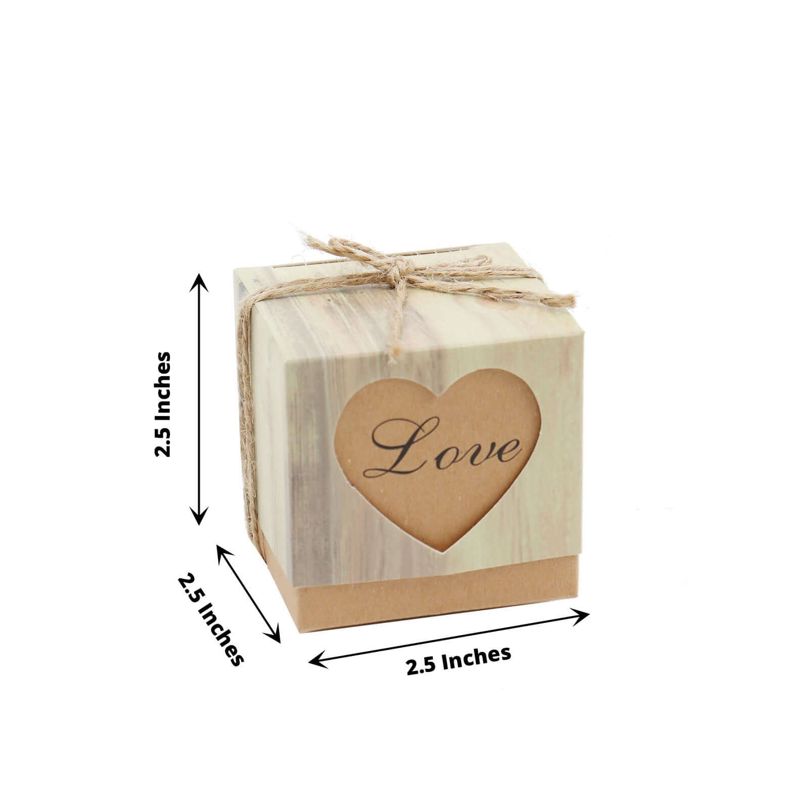 25 Pack 2.5" Rustic Wood Pattern Natural Brown Paper Candy Gift Boxes, Square Party Favor Boxes with Burlap Jute Twine and Love Heart Cut Out