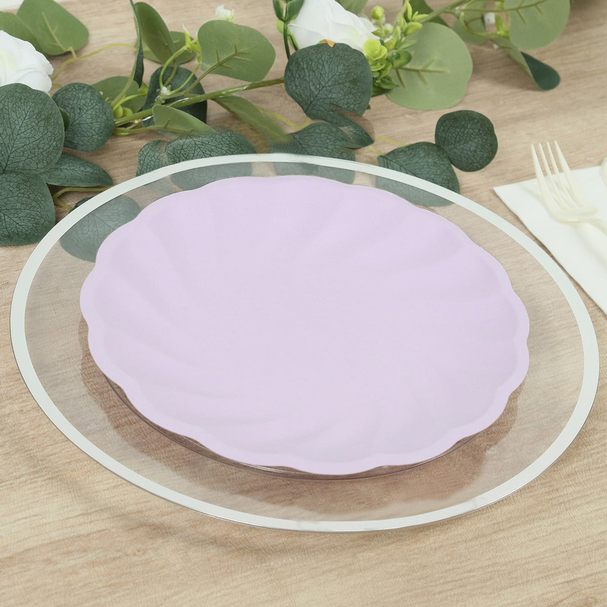 20 Pack Biodegradable Dinner Plates in Lavender Lilac – 9" Swirl Scalloped Pastel Color Compostable Bamboo Party Plates, Elegant Disposable Tableware