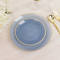 20-Pack 7" Plastic Salad Dessert Plates, Round Transparent Dusty Blue Swirl with Gold Rim – Crystal-Like Elegant Party Plates