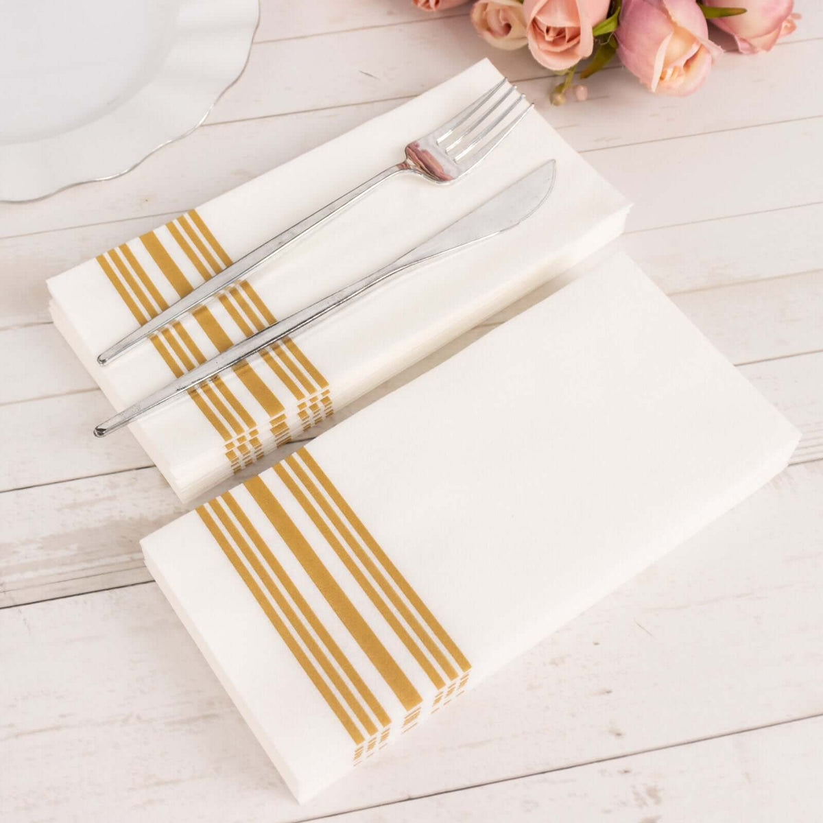 20 Pack Linen-Like Paper 8"x4" Napkins White With Gold Lines - Soft Hygienic Airlaid Guest Towels