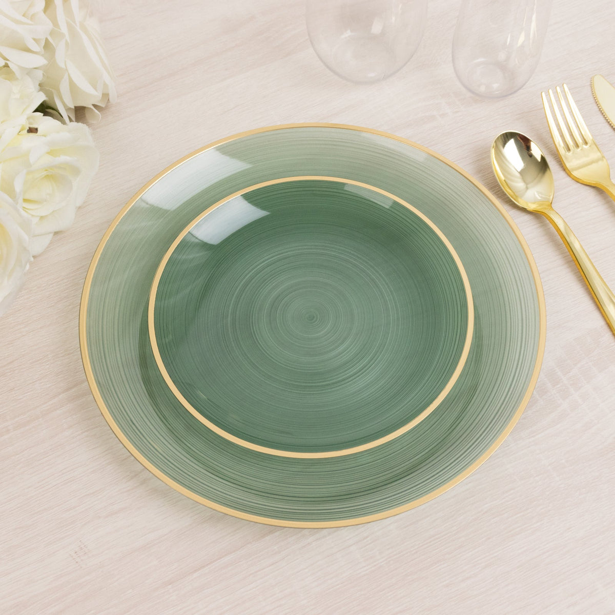 20-Pack 7" Plastic Salad Dessert Plates, Round Transparent Dusty Sage Green Swirl with Gold Rim – Crystal-Like Elegant Party Plates