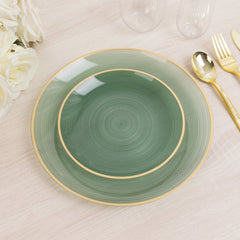 20-Pack 7" Plastic Salad Dessert Plates, Round Transparent Dusty Sage Green Swirl with Gold Rim – Crystal-Like Elegant Party Plates