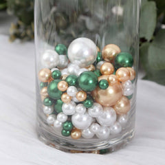 200Pcs Assorted Pearl Beads Vase Fillers in Green, Gold and White - Lustrous DIY Craft Bead Set