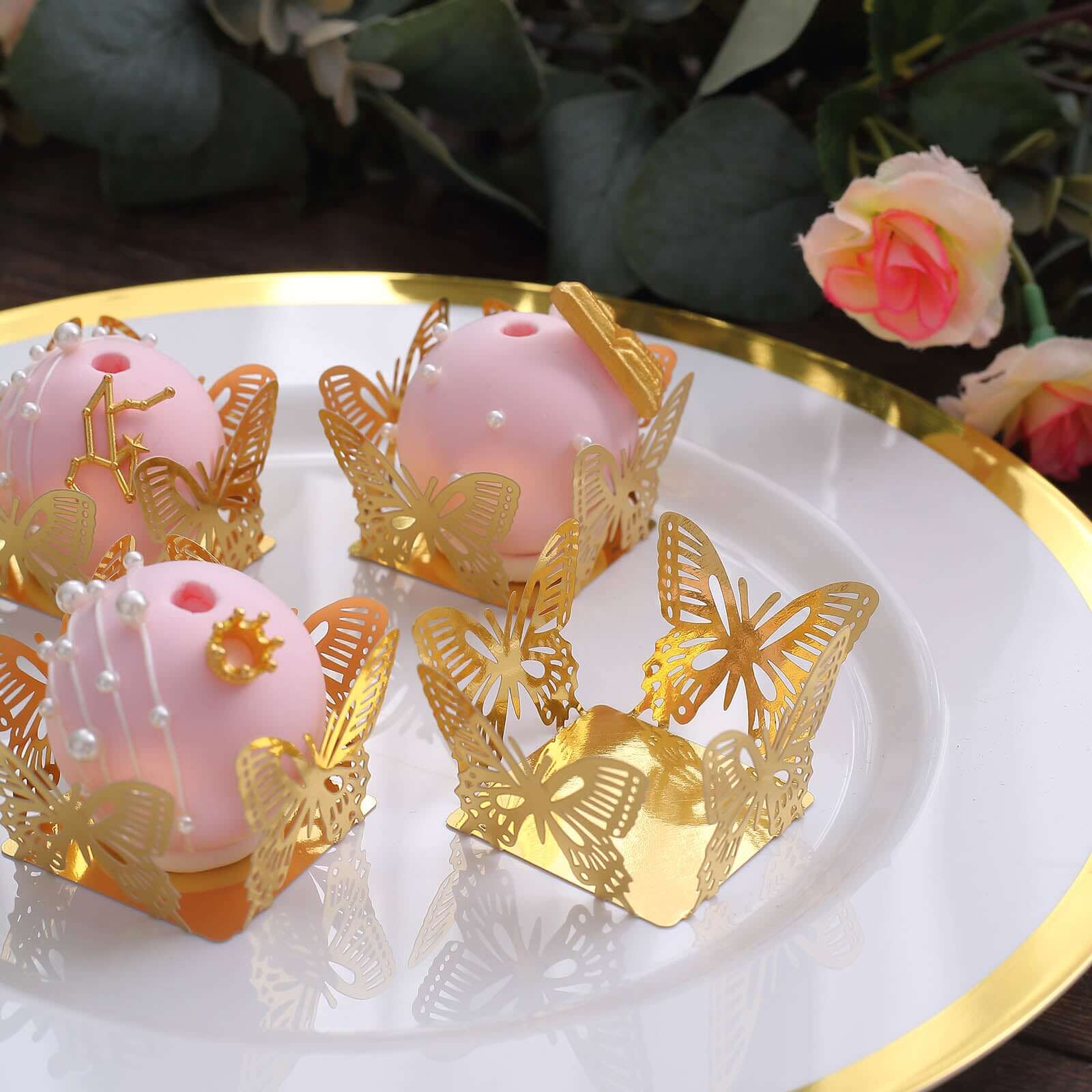 50-Pack Mini Paper Truffle Cup Liners Butterfly Square Design Metallic Gold - 225GSM Cupcake Tray Wrappers 4"