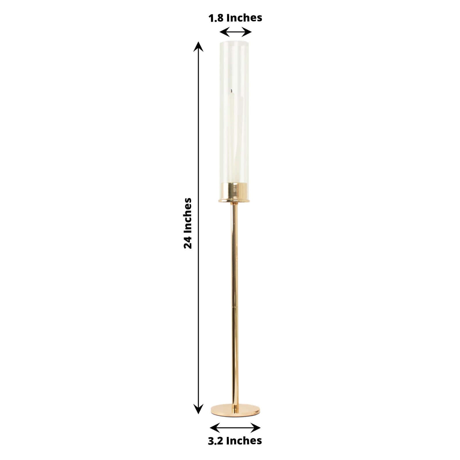 2-Pack Gold Metal Taper Candlestick Holders, Clear Glass Hurricane Candle Stands With Chimney Candle Shades 24"