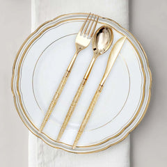 24-Pack Plastic Cutlery Set Metallic Gold with Gold Glitter - Stylish Disposable Silverware Pack 8"