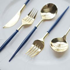 24-Pack Plastic Flatware Set in Metallic Gold with Royal Blue Handle - Heavy Duty Disposable Modern Silverware 8"