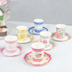 24-Pack Paper Cup and Saucer Set in Mixed Vintage Floral Print - Disposable Tea Party Supplies Kit for Baby Showers & Birthdays