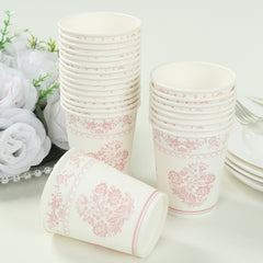 24 Pack Disposable Paper Cups in White Pink Damask Floral Pattern, Elegant Party Cups - 9oz
