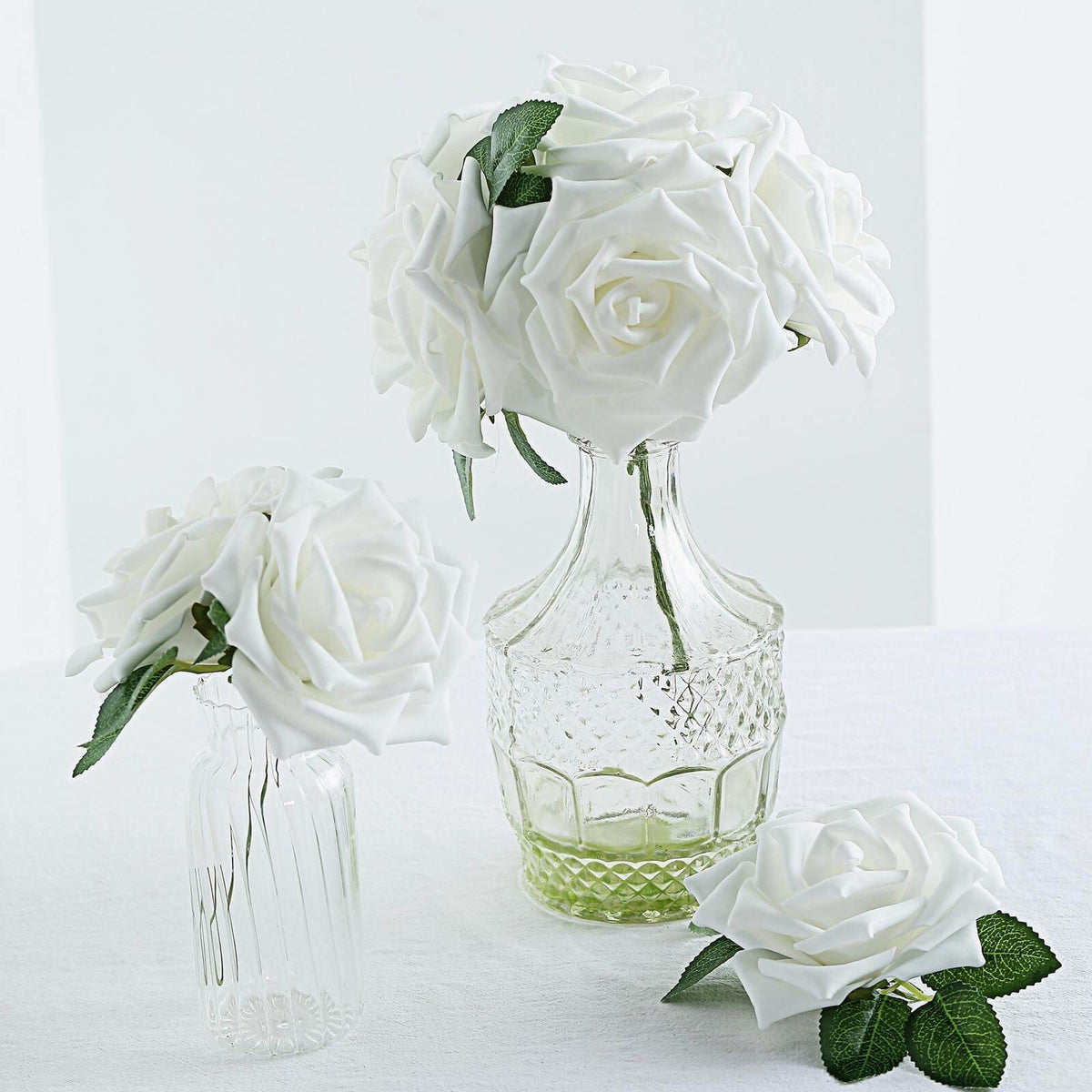 24 Roses 5" White Artificial Foam Flowers With Stem Wire and Leaves