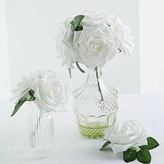 24 Roses 5" White Artificial Foam Flowers With Stem Wire and Leaves