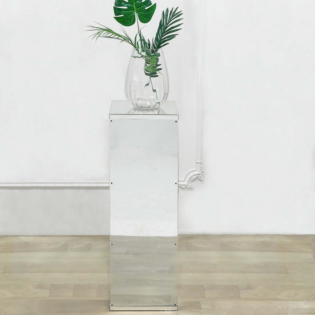 24" Silver Mirror Finish Acrylic Display Box, Pedestal Riser with Interchangeable Lid and Base