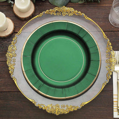 25-Pack Paper 10" Round Dinner Plates in Hunter Emerald Green Sunray Design with Gold Rim - Disposable Heavy Duty 350GSM Party Plates