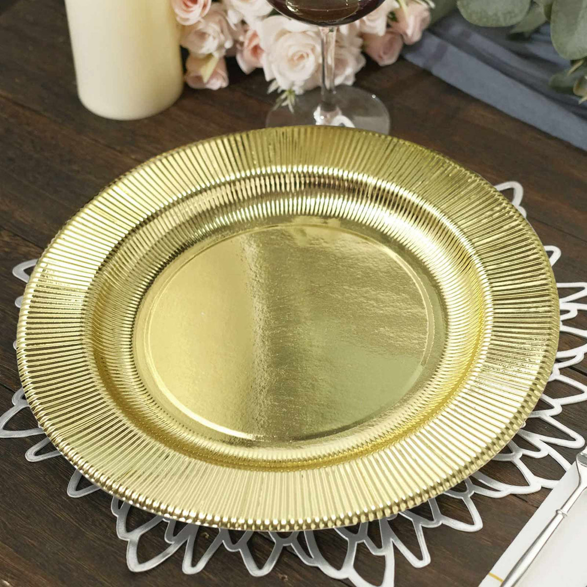 25-Pack Paper 10" Round Dinner Plates in Metallic Gold Sunray Design - Disposable Heavy Duty 350GSM Party Plates