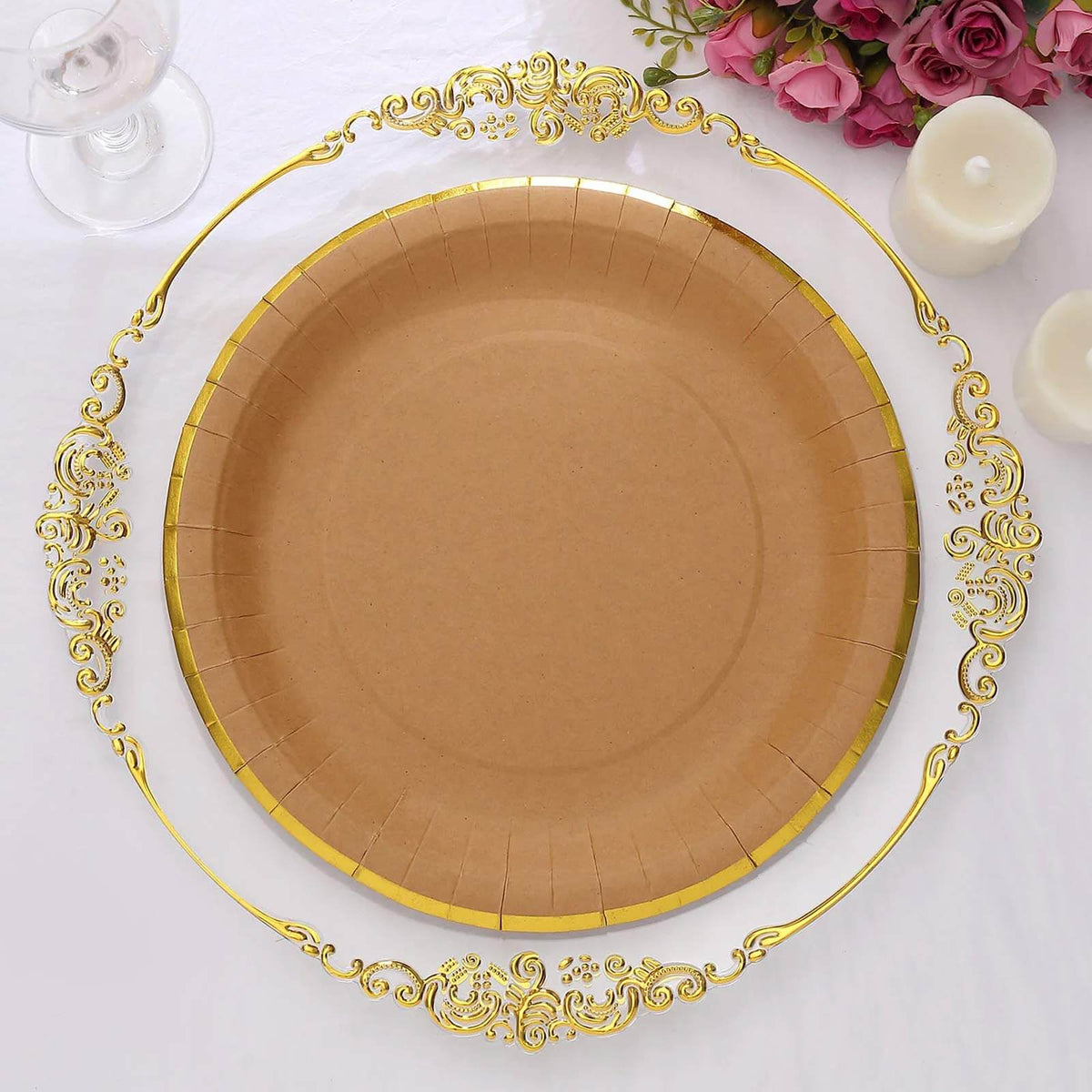 25-Pack Kraft Paper 10" Round Dinner Plates in Natural Brown with Gold Lined Rim - Disposable Party Plates for Rustic & Vintage Inspired Events