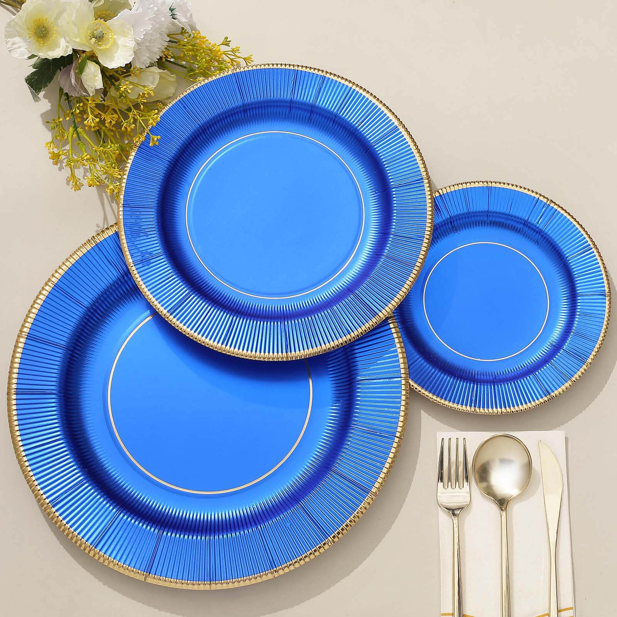 25-Pack Paper 10" Round Dinner Plates in Royal Blue Sunray Design with Gold Rim - Disposable Heavy Duty 350GSM Party Plates