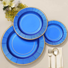 25-Pack Paper 10" Round Dinner Plates in Royal Blue Sunray Design with Gold Rim - Disposable Heavy Duty 350GSM Party Plates