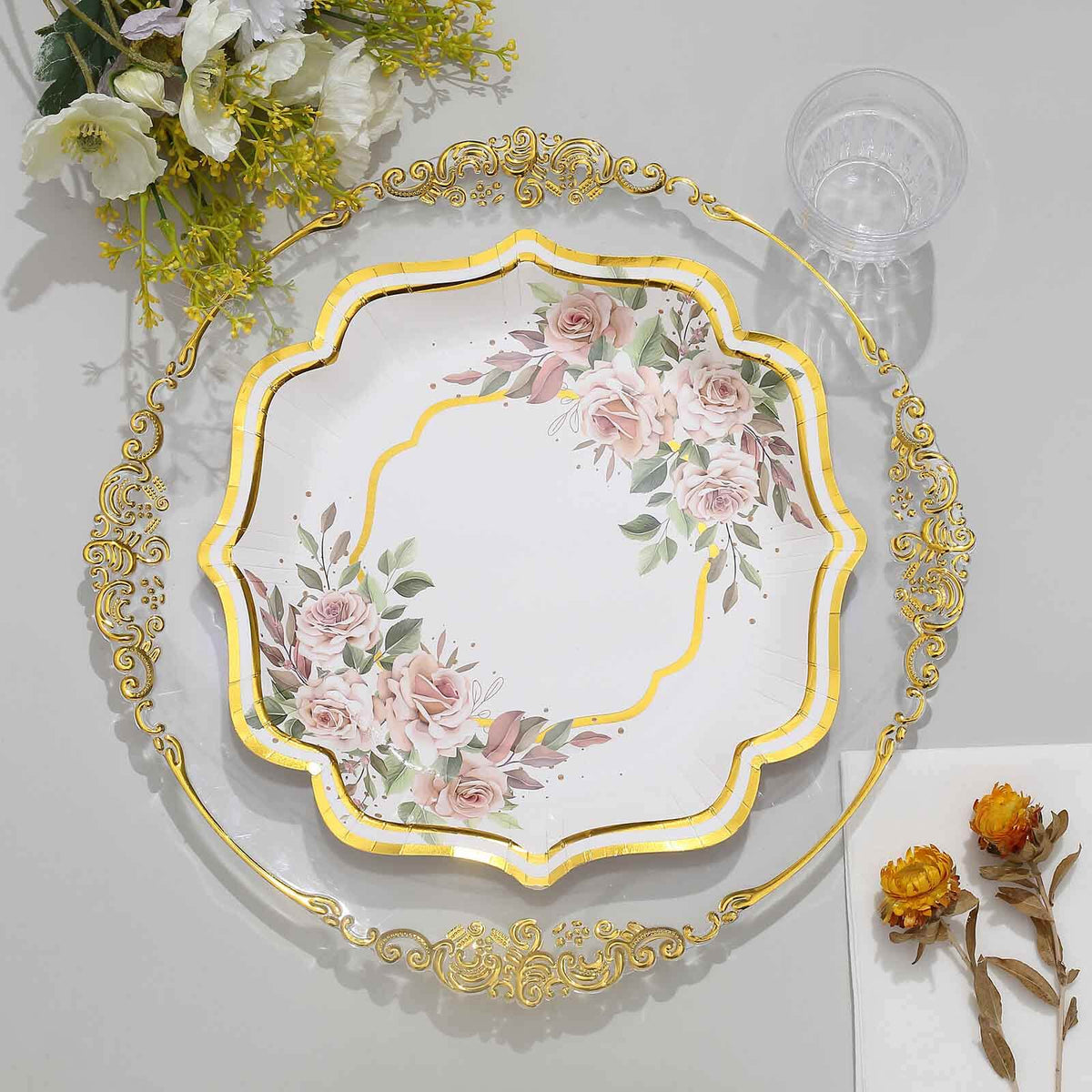 25-Pack Paper 10" Dinner Plates in White with Floral Print & Gold Scallop Rim - Disposable 300GSM Party Plates for Cocktail Events & Receptions