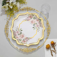 25-Pack Paper 10" Dinner Plates in White with Floral Print & Gold Scallop Rim - Disposable 300GSM Party Plates for Cocktail Events & Receptions