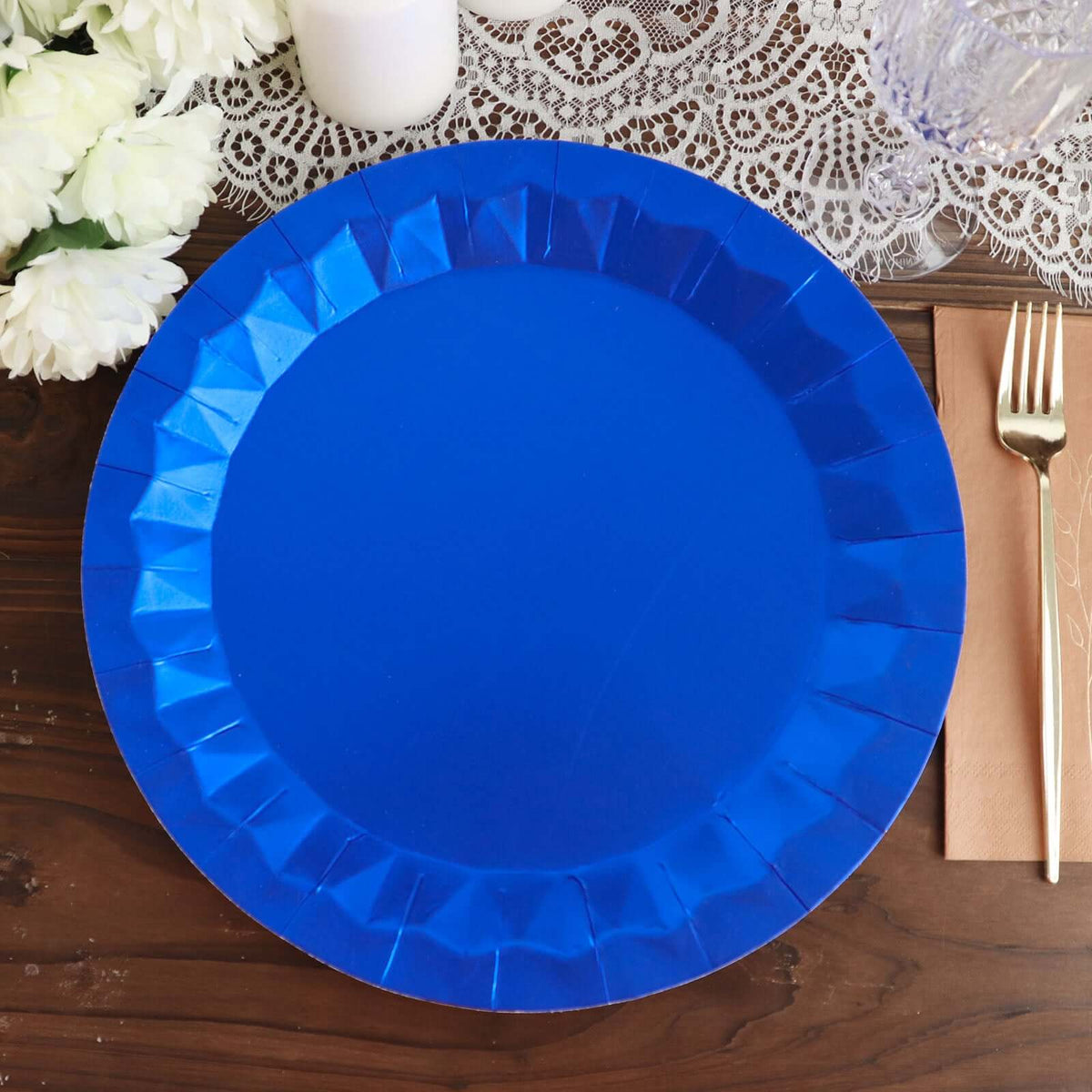 25-Pack Paper 12" Round Charger Plates in Royal Blue with Geometric Prism Design - Disposable 400GSM Serving Trays
