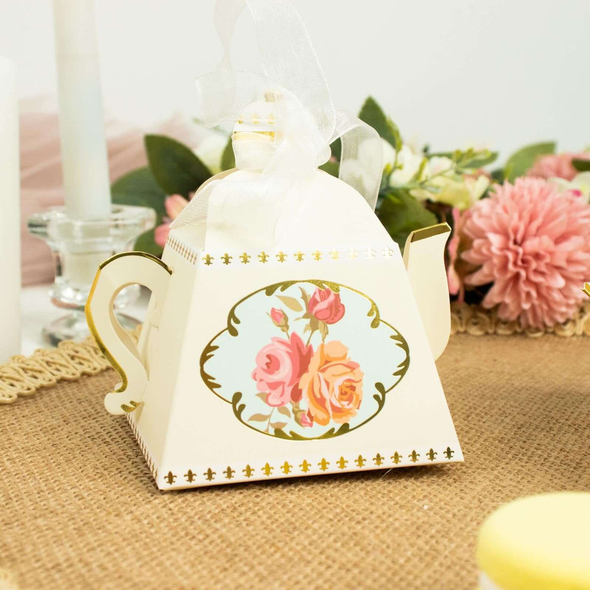 25 Pack 4" Ivory Mini Teapot Favor Boxes, Vintage Rose Gift Boxes with Ribbons