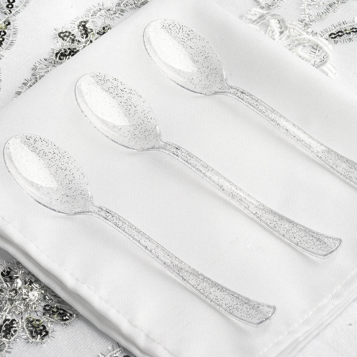 25-Pack Plastic Spoons Clear Silver Glitter Classic Heavy Duty - Decorative Disposable Tableware 7"