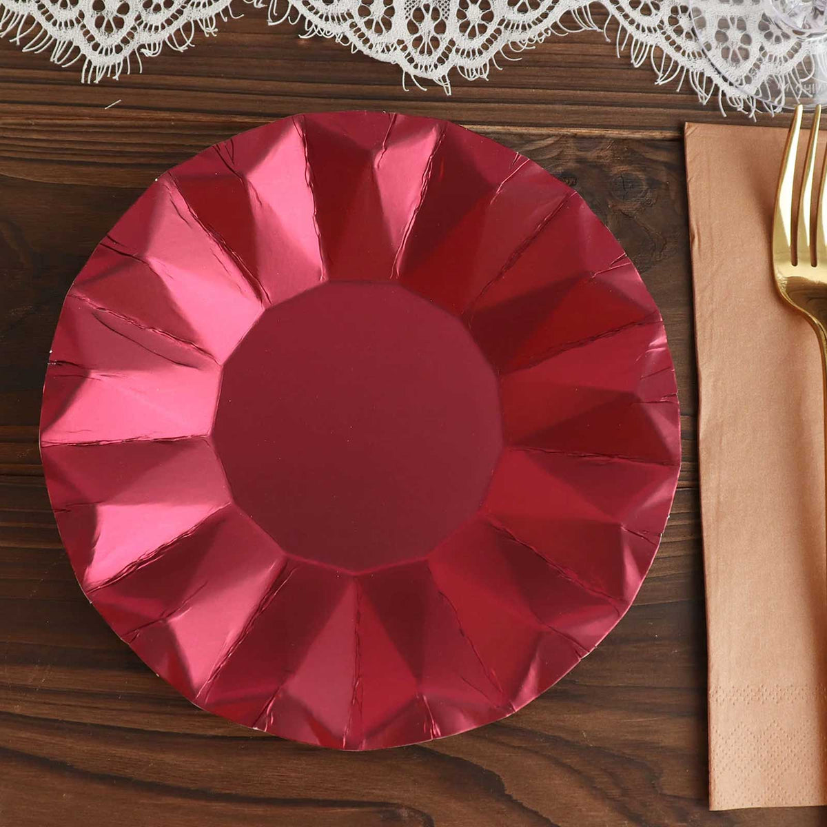 25-Pack Paper 7" Round Dessert Plates in Burgundy with Geometric Prism Rim - Disposable 400GSM Appetizer Salad Plates