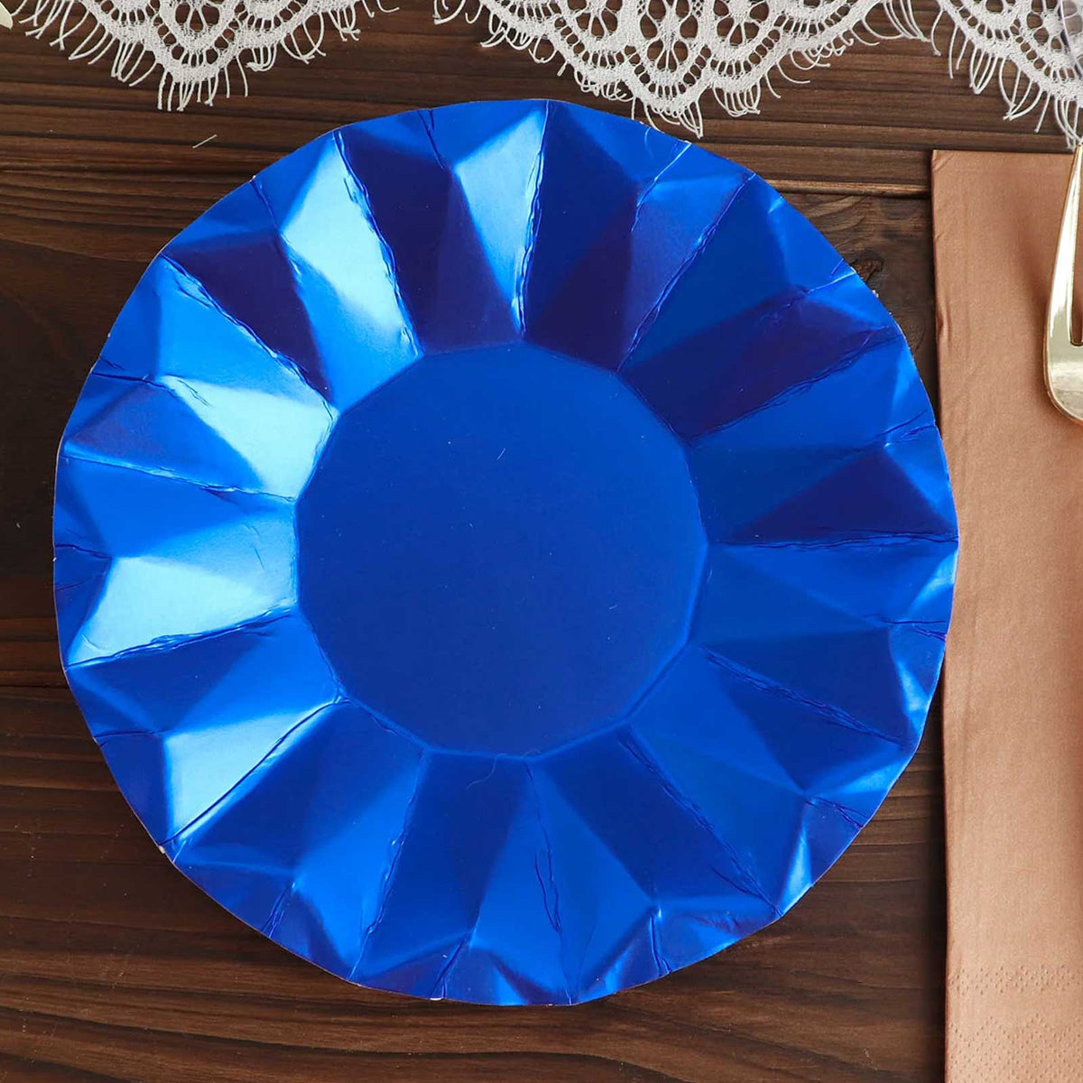 25-Pack Paper 7" Round Dessert Plates in Royal Blue with Geometric Prism Rim - Disposable 400GSM Appetizer Salad Plates