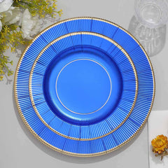 25-Pack Paper 8" Round Dessert Plates in Royal Blue Sunray Design with Gold Rim - Disposable Heavy Duty 350GSM Appetizer Salad Plates