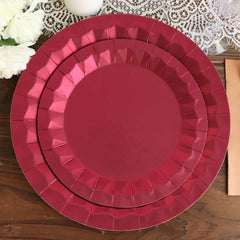 25-Pack Paper 9" Round Dinner Plates in Burgundy with Geometric Prism Rim - Disposable 400GSM Party Plates