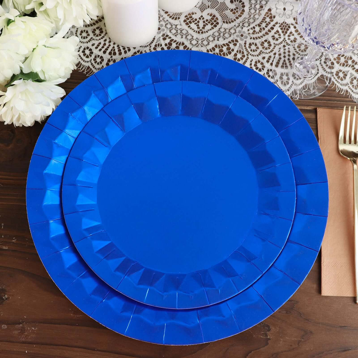 25-Pack Paper 9" Round Dinner Plates in Royal Blue with Geometric Prism Rim - Disposable 400GSM Party Plates