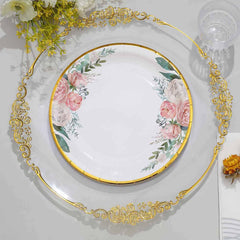 25-Pack Paper 9" Round Dinner Plates White with Peony Floral Design & Gold Rim - Disposable Floral Party Plates for Brunches & Afternoon Teas