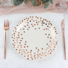 25-Pack Paper Round Dinner Plates 9" White with Metallic Rose Gold Polka Dots - Disposable 300GSM Party Plates for Banquets & Celebrations