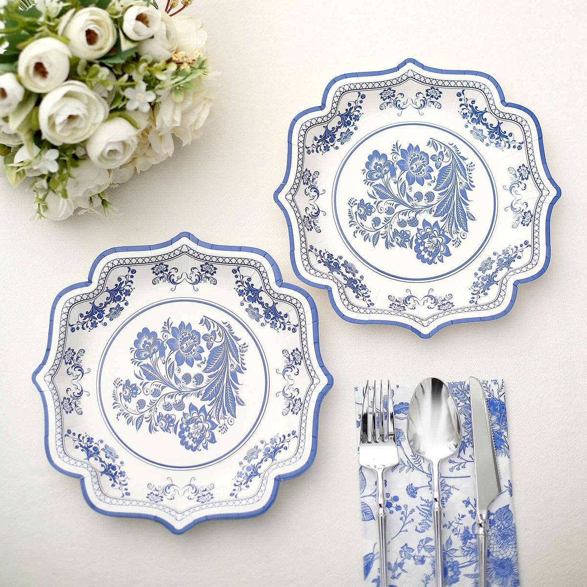 25-Pack Paper Dessert Plates in White with Light Blue Damask Floral Print & Scallop Rim - Stylish Disposable 300GSM Floral Salad Appetizer Plates 8"
