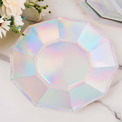 25-Pack Paper 9" Decagon Dinner Plates in Iridescent - Disposable Geometric Party Plates for Disco & Space Themed Events