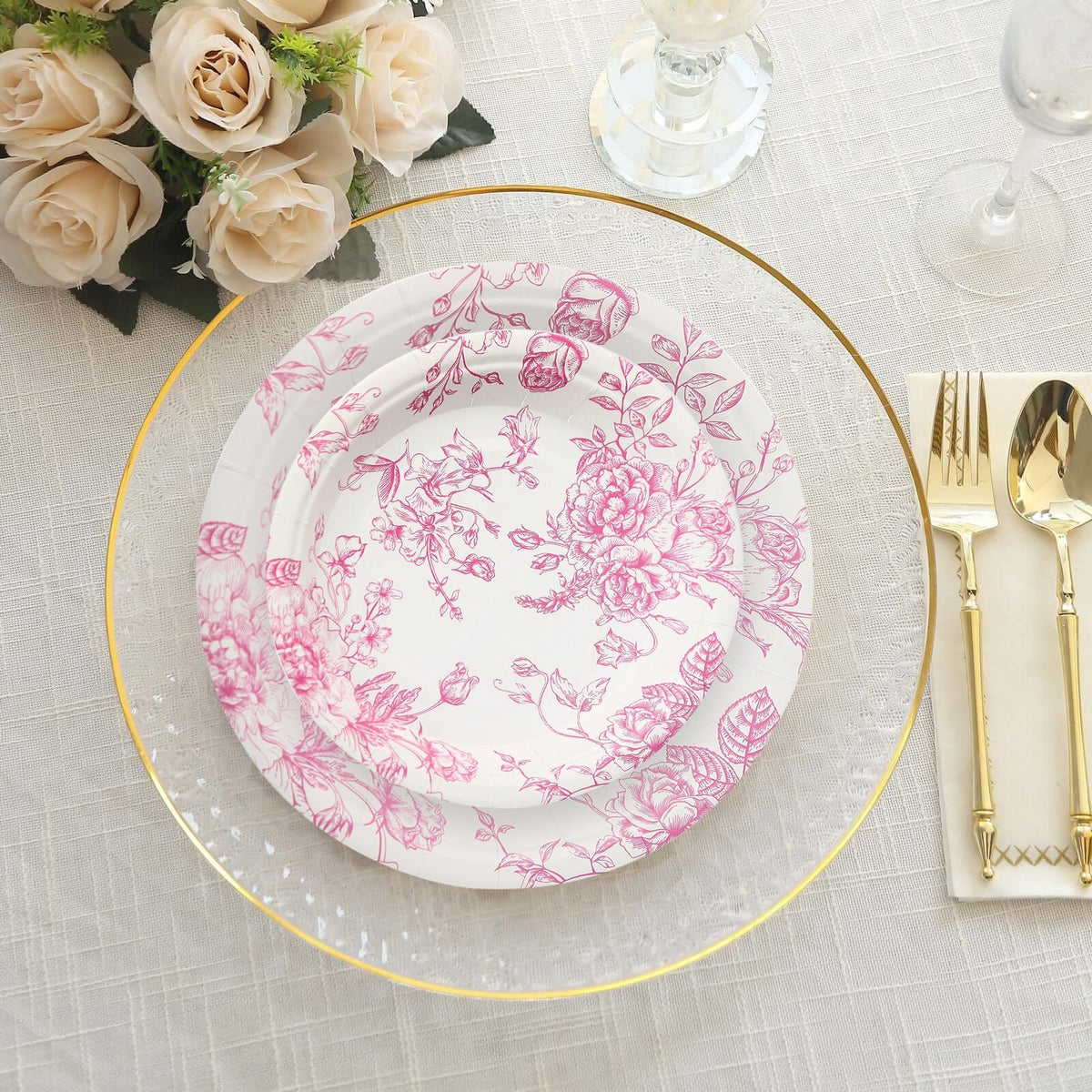 25-Pack Paper 7" Round Dessert Plates in White with Matte Pink French Toile Pattern - Disposable Floral Salad Appetizer Plates