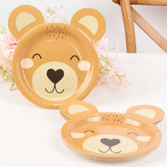 25-Pack Paper 7" Round Plates Brown Teddy Bear Print - Disposable 300GSM Cute Bear Themed Appetizer Dessert Party Plates for Baby Shower Birthday Event Decoration