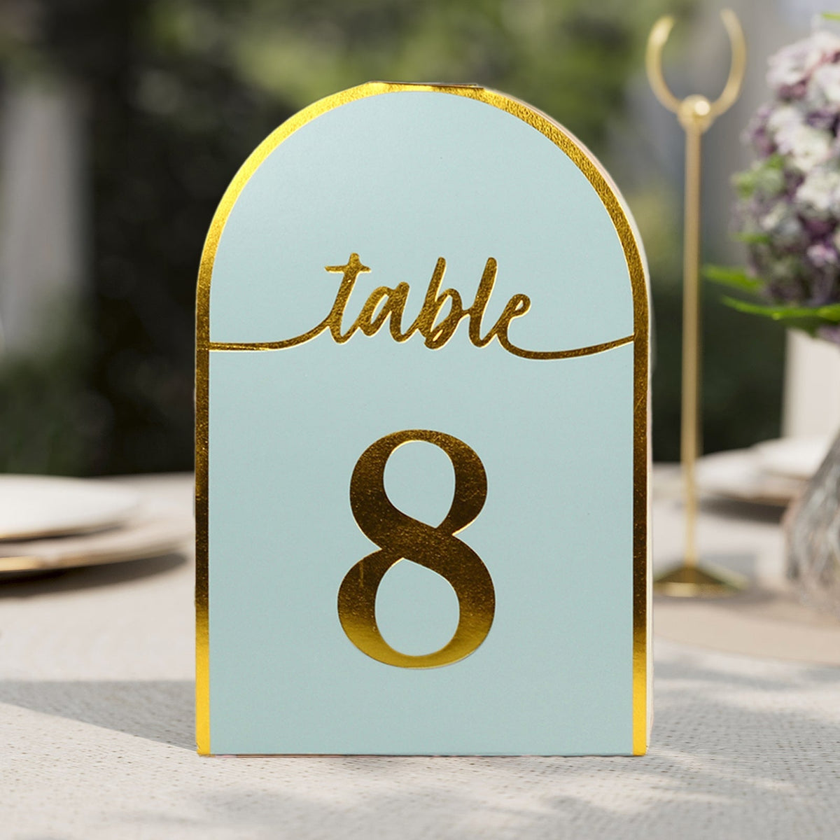 25-Pack 7" Disposable Table Numbers, Dusty Blue Free Standing Double Sided Table Number Place Cards with Metallic Gold Foil Numbers 1-25