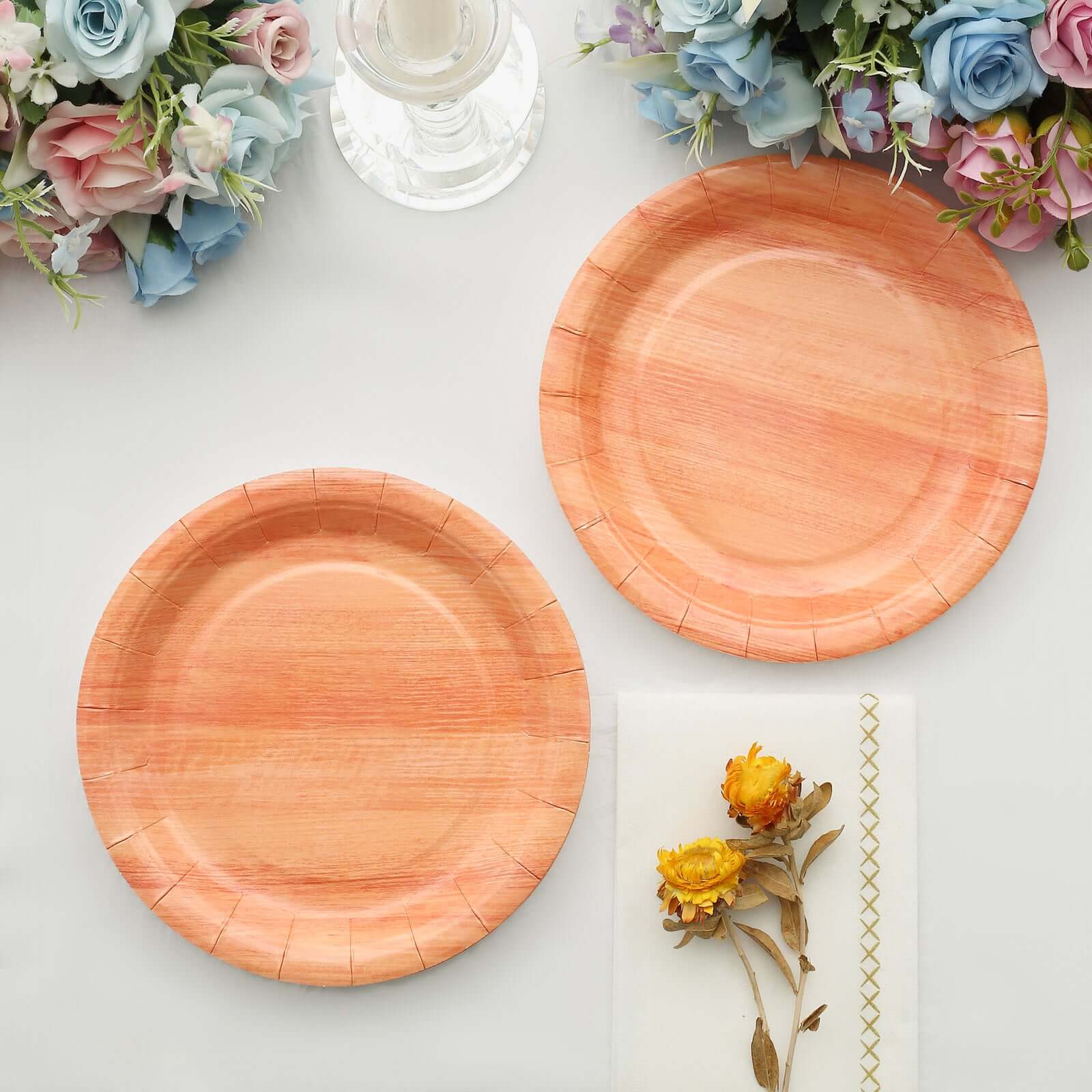 25-Pack Paper 7" Round Dessert Plates in Natural Wood Grain Print - Disposable Appetizer Salad Plates for Rustic Farmhouse Style Events