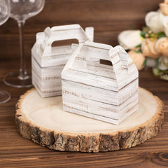 25 Pack Rustic White Candy Gift Tote Gable Boxes With Wood Plank Pattern, Party Favor Treat Boxes - 4"x2.5"x4.5"