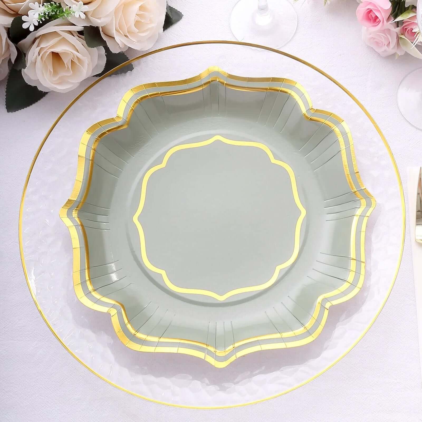 25-Pack Paper Dinner Plates in Sage Green with Gold Scallop Rim - Disposable 300GSM Party Plates 10"