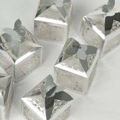 25 Pack Silver Butterfly Top Laser Cut Lace Favor Candy Gift Boxes