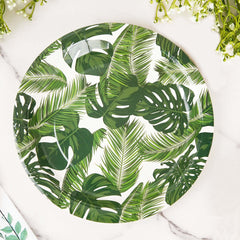 25-Pack Paper 9" Round Dinner Plates in White with Tropical Palm Leaf Design - Disposable 300GSM Party Plates for Luau & Summer Gatherings