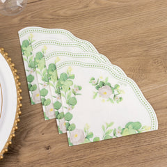 25-Pack Round Paper Cocktail Napkins with Floral Greenery and Scalloped Edge White - Disposable 2 Ply Beverage Napkins 6.25"x6.25"