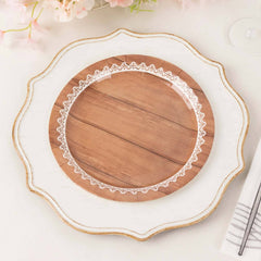 25-Pack Paper 9" Round Dinner Plates in Brown Wood Grain Print with White Floral Lace Rim - Disposable Party Plates for Rustic Farmhouse Style Events