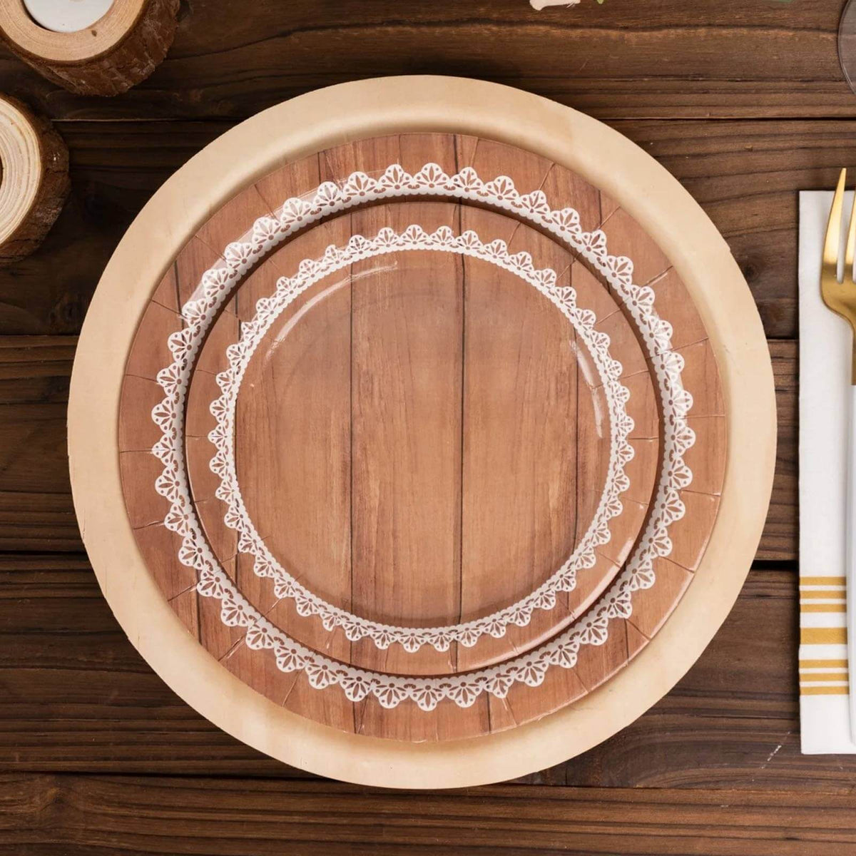 25-Pack Paper 7" Round Dessert Plates in Brown Wood Grain Print with White Floral Lace Rim - Disposable Appetizer Salad Plates for Rustic Farmhouse Style Events