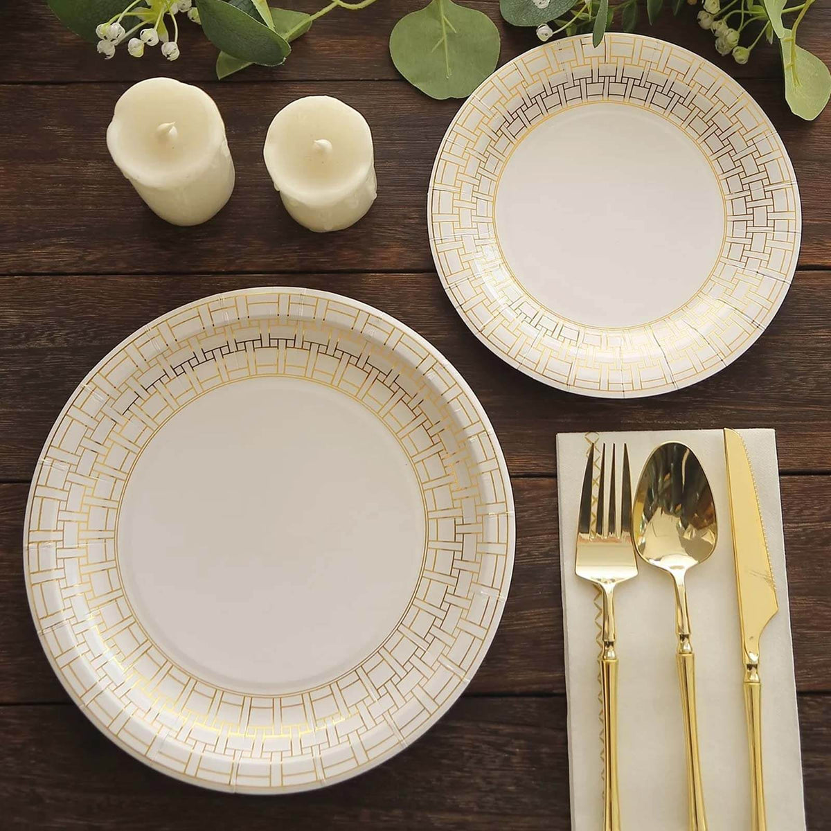 25-Pack Paper 9" Round Dinner Plates in White with Gold Basketweave Rim - Disposable Party Plates for Stylish Soirées & Festive Brunches